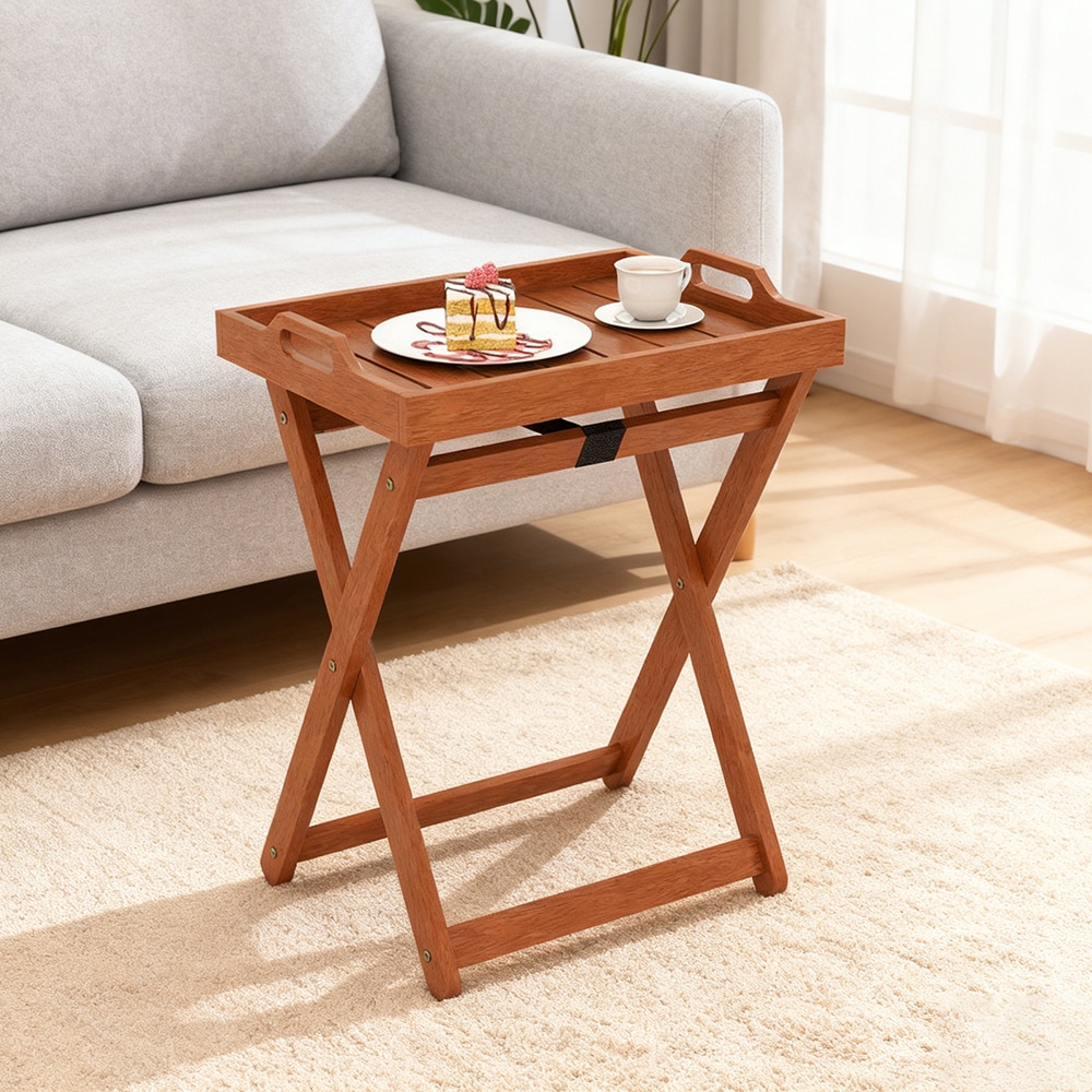 Outdoor Wood Tray Table Portable Side End Table With Folding Frame_voghion.com